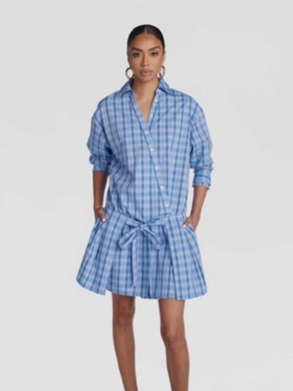 KBB by Kahlana Womens The Apron Shirt Dress Long Sleeve Cotton Blue Purple Plaid